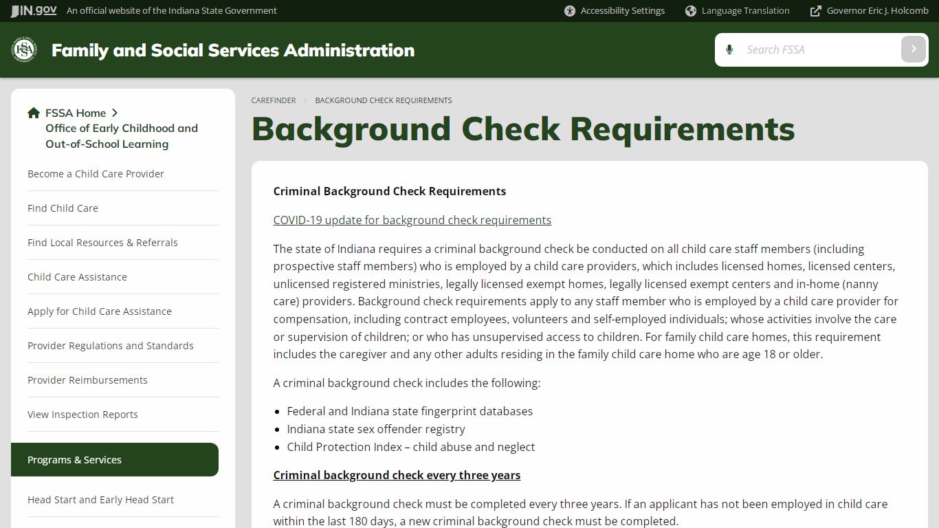 FSSA: Carefinder: Background Check Requirements